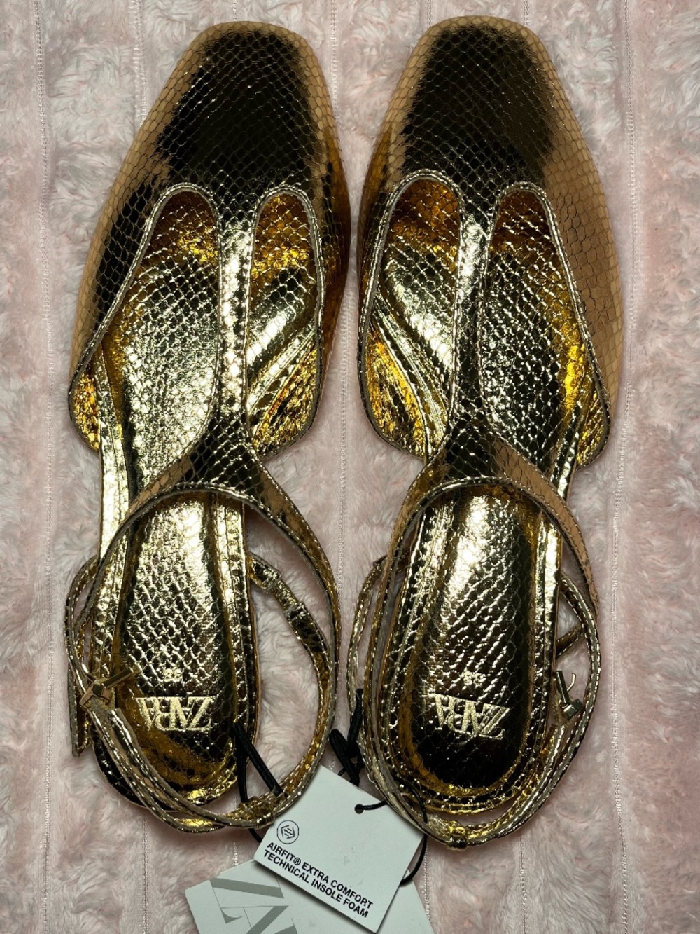 Zara Metallic Gold Snakeskin T-Bar Slingback Flats SZ US 7.5/EUR 38